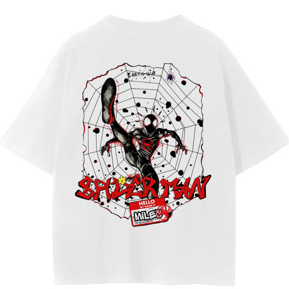 🕷️ Spider-Man: Miles Morales "Hello My Name Is" Oversized Tee (White)